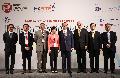 Mr Yang (fourth right) joins a group photo with the Chairperson of the Hong Kong Science and Technology Parks Corporation (HKSTP), Mrs Fanny Law, (fourth left); the Chief Executive Officer of the Hong Kong Applied Science and Technology Research Institute, Dr Frank Tong (third right); the Chief Executive Officer of the Hong Kong R&D Centre for Logistics and Supply Chain Management Enabling Technologies, Mr Simon Wong (third left); the Chief Executive Officer of the HKSTP, Mr Allen Ma (second right); the Head of Marketing and Industry Engagement of GS1 Hong Kong, Mr Ken Lam (second left); the Chief Commercial Officer of the HKSTP, Mr Andrew Young (first right); and the Chief Corporate Development Officer of the HKSTP, Mr Albert Wong (first left), at the Internet of Things Conference of the APAC Innovation Summit 2016 Series.