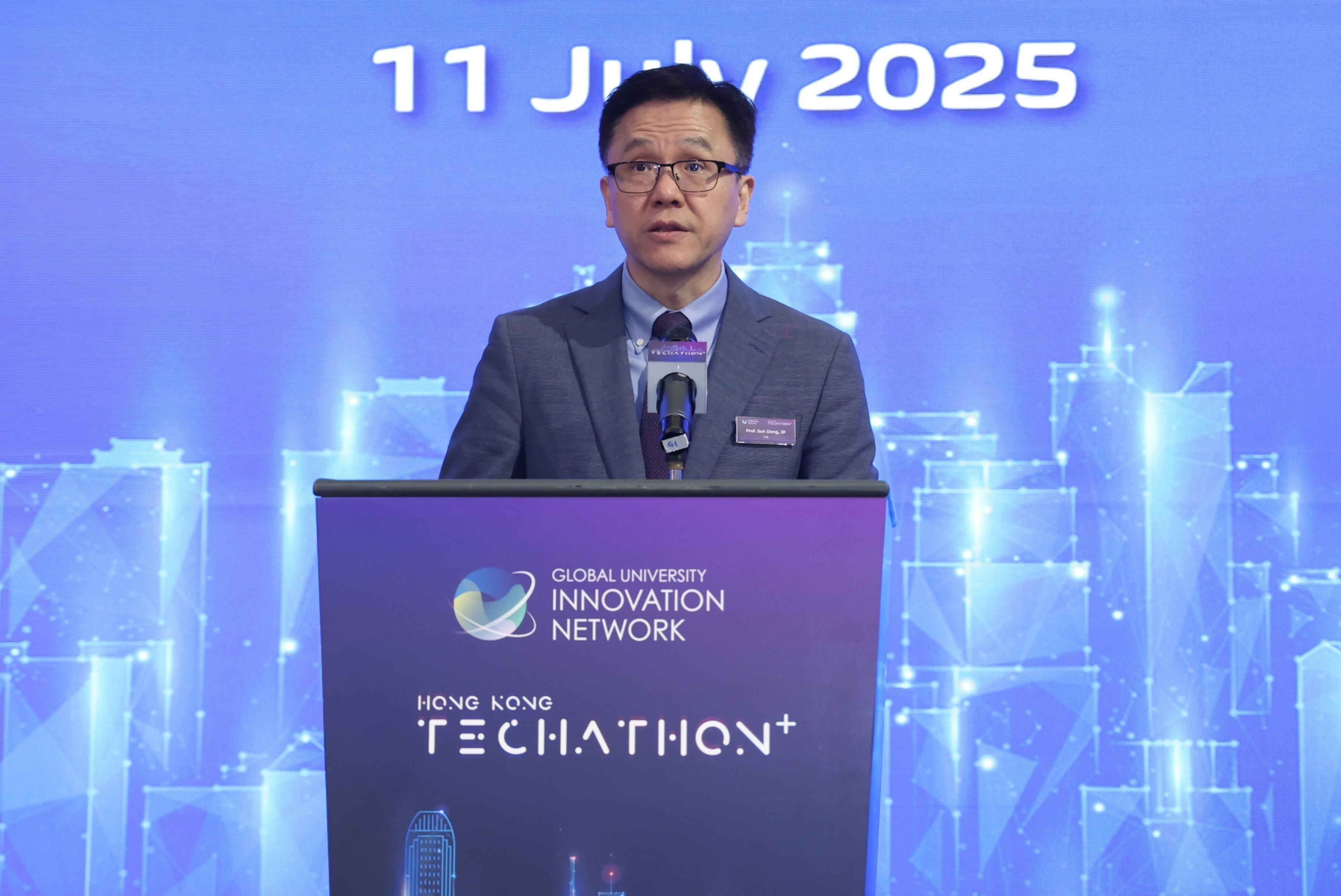 The Secretary for Innovation, Technology and Industry, Professor Sun Dong, speaks at the Inauguration Ceremony of the Global University Innovation Network and the Grand Kick-off of the Hong Kong Techathon+ 10th Anniversary today (July 11).