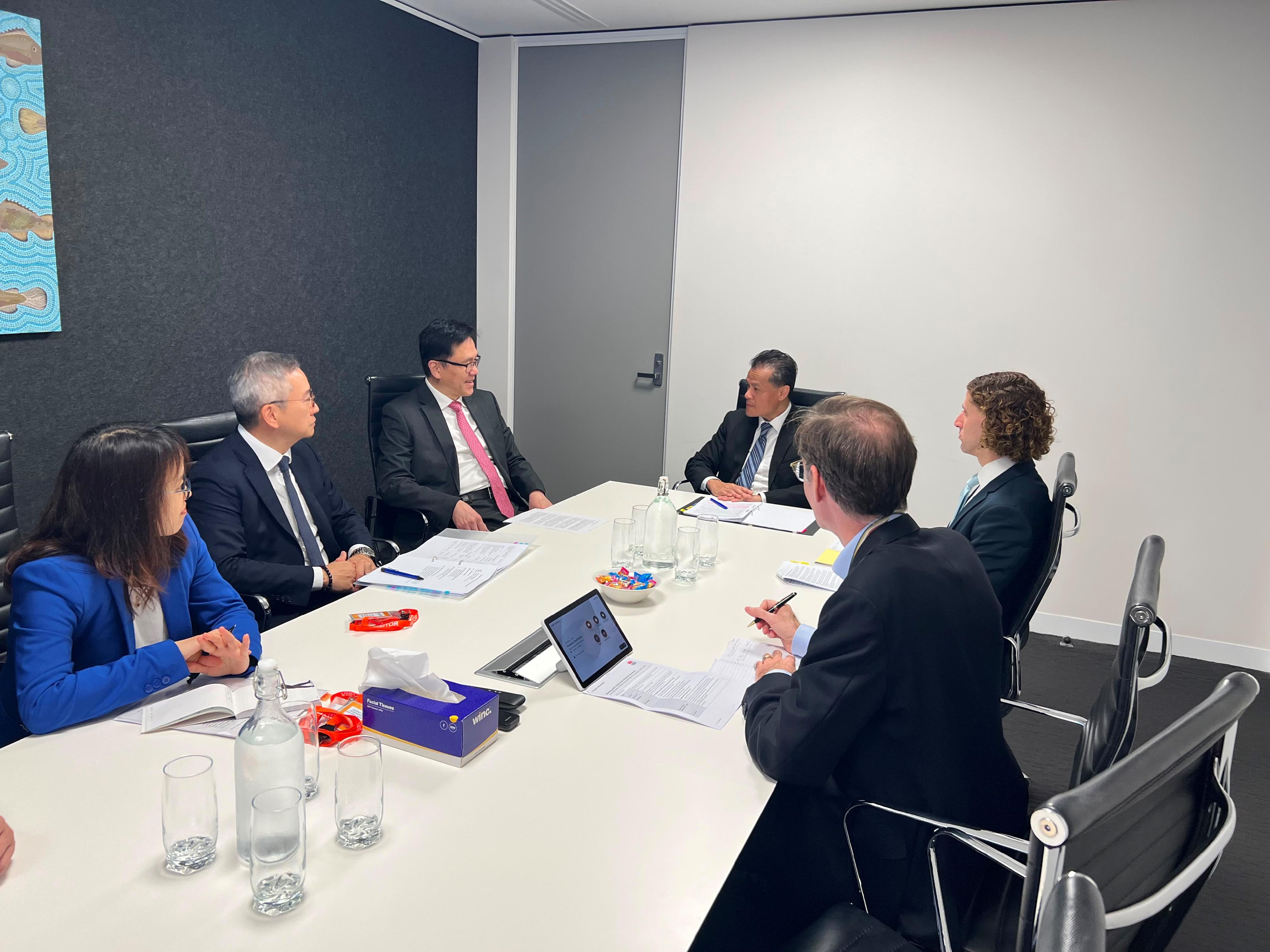 The Secretary for Innovation, Technology and Industry, Professor Sun Dong (third left), met with the Minister for Better Regulation and Fair Trading, Minister for Industry and Trade, Minister for Innovation, Science and Technology, Minister for Building and Minister for Corrections of New South Wales (NSW), Australia, Mr Anoulack Chanthivong (third right), in Sydney, Australia, today (June 22, Sydney time). They exchanged views on issues of mutual concern including innovation and technology, transformation of research and development outcomes, development of start-ups, talent nurturing, and industrial collaboration between Hong Kong and NSW.